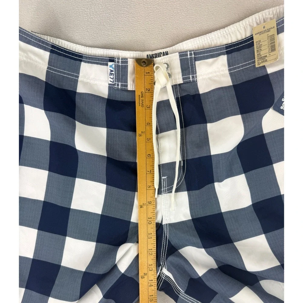 American Eagle Swim Trunks Mens XL Navy Blue White Buffalo Plaid Board Shorts